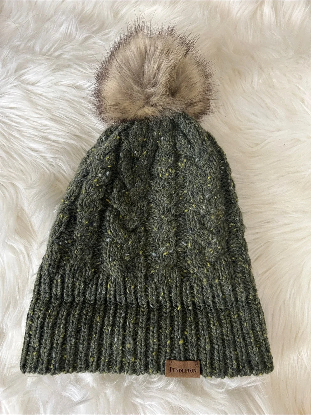 Pendleton Olive Speckled Cable Knit Pom Hat with Faux Fur